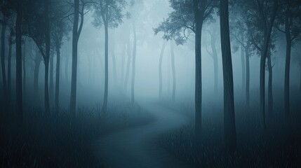 A mysterious, foggy forest path surrounded by tall trees creating an enchanting and serene atmosphere.