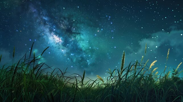 Vast savannah grasslands from a low angle, looking up at the starry night sky and the Milky Way.