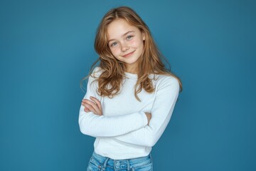 Portrait of an attractive teen woman in stylish white clothes crossed with confidence on a blue background
