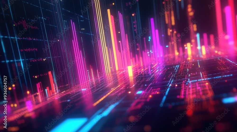 Poster dynamic abstract 3d financial graph with intersecting lines and bars in vibrant colors.