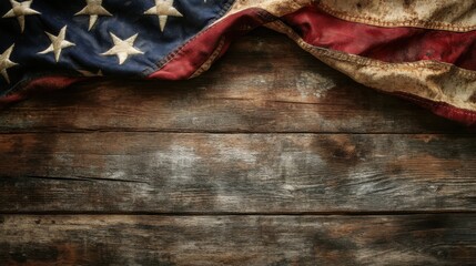 A close-up of the American flag with its stars and stripes clearly visible, set against a backdrop of rough, weathered wood, symbolizing the enduring strength and resilience of the nation