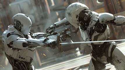 Fototapeta premium Robot Fencer in Duel: A nimble robot fencer engaging in a fast-paced duel, sword raised. 