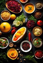 vibrant culinary display featuring diverse global cuisines colorful ingredients artistic presentation, appetizer, brunch, buffet, delicious, dessert, dish