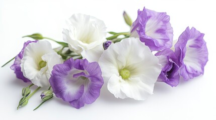 Obraz premium Elegant arrangement of white and purple eustoma flowers delicately placed on a white background, showcasing their beauty. -