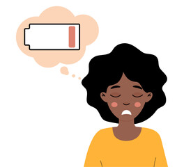 A young person feeling drained with a low battery symbol above their head, reflecting fatigue