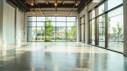 High-angle view of an empty showroom with large windows and minimalistic decor. 