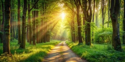 Obraz premium Path leading into the forest with sunlight shining through trees, path, forest, sunlight, trees, nature, journey