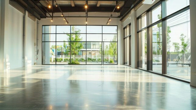 High-angle view of an empty showroom with large windows and minimalistic decor. 