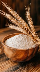 Flour is neatly placed in a bowl on a wooden table, surrounded by wheat stalks and a bag of flour, creating a cozy and inviting kitchen atmosphere perfect for baking