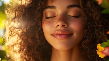 Fototapeta premium A young woman with curly hair smiles in a vibrant park, radiating joy and tranquility.
