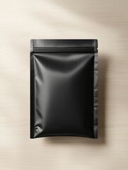 A new black paper packaging bag mockup, on a light wooden table.