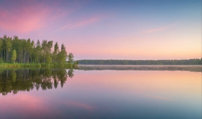 Fototapeta premium A calm lake reflects the soft pink and purple hues of a sunrise