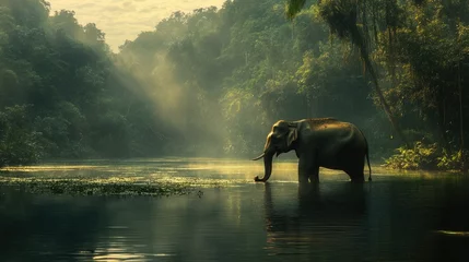 Poster de jardin  Elephant in an Indian lake at twilight, the water shimmering under the fading light, with dense jungle surrounding. -  © arthit