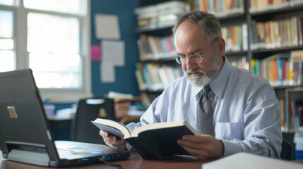 Fototapeta premium A middle-aged, handsome male teacher wearing a shirt and tie reads a book while sitting at a table next to a laptop in the classroom -