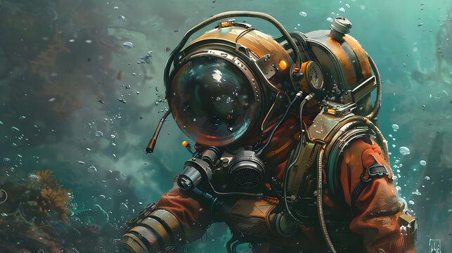 Deep-sea diver in a vintage diving suit with a helmet and gauges, underwater in dark, murky waters. Concept of underwater exploration and history