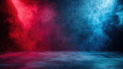 Empty space of Studio dark room with fog or mist and lighting effect red and blue on concrete floor grunge texture background.