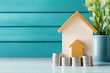 A stylized house model on coins symbolizes investment and financial growth in real estate, set against a vibrant blue backdrop.
