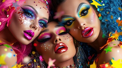 Fototapeta premium Friends with drag queen's make-up by pick background