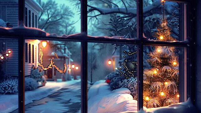 Christmas landscape in a snowy winter forest and warm white snow viewed from a window in a warm and comfortable interior Decorative Christmas tree in cozy village. Snow falling down