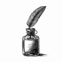 Black and white Vintage engraved art of an elegant quill and ink bottle, isolated on white background, ink sketch illustration, simple vector art design, highly detailed line art, high contrast