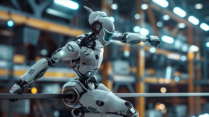 Fototapeta premium Robot Gymnast on Balance Beam: A robot gymnast maintaining perfect balance while performing on a beam. 