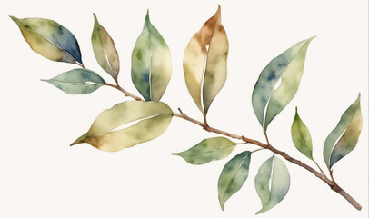A watercolor painting of a leafy branch with green and brown leaves