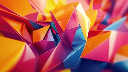 Energetic 3D design with moving polygonal shapes in vibrant colors, creating a lively dynamic feel.