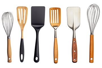 Wood kitchen utensils on white background, culinary essentials concept.

