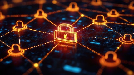 A 3D paper-style representation of a blockchain network, with interconnected nodes and data blocks. A prominent padlock symbol sits at the center, symbolizing security and protection of the network.