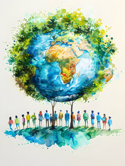 Naklejka premium Global Technology Integration: 3D Flat People Icon Integrating Watercolor Earth on Whimsical Background