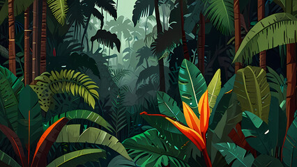 Illustration of a flat vector background focusing on a dense jungle scene