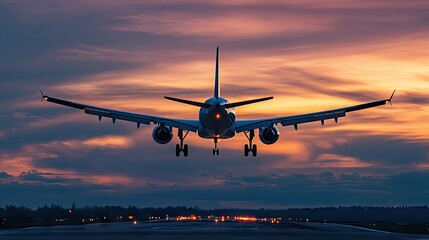 Evening flight of a passenger airplane on a background of beautiful sky