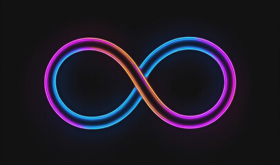 Fototapeta premium A neon infinity symbol glows in blue, pink, and orange against a black background