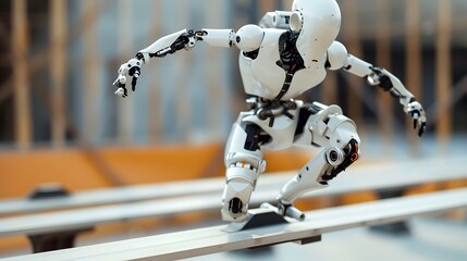 Robot Gymnast on Balance Beam: A robot gymnast maintaining perfect balance while performing on a beam.
