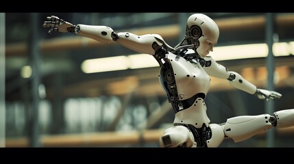 Robot Gymnast on Balance Beam: A robot gymnast maintaining perfect balance while performing on a beam.
