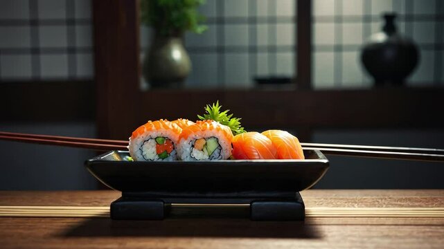 Video footage of close up view of a plate of sushi, specifically maki rolls, with chopsticks resting on the edge of the plate