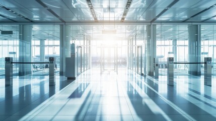 Modern airport entrance with security gates and scanning technology. Bright sunlight streams...