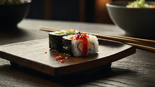 Video footage of close up of a piece of sushi placed on a small wooden plate, with chopsticks resting