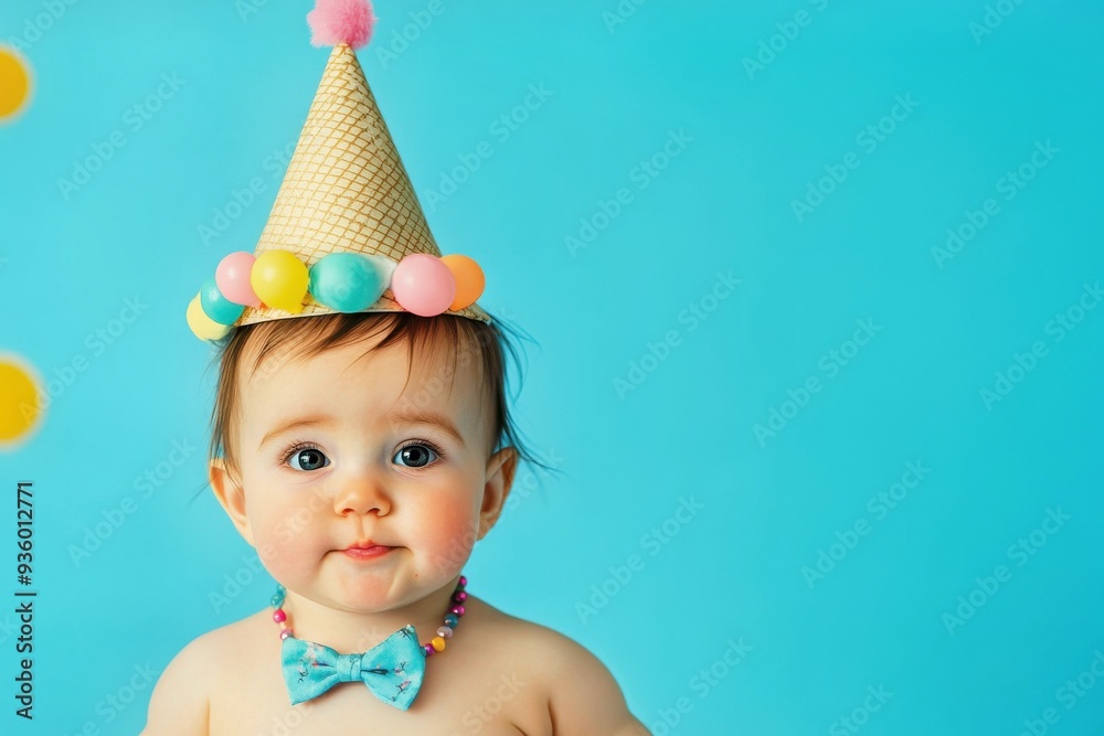 Wall mural creative animal concept. baby wearing party cone hat