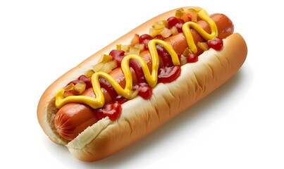 Delicious hot dog with ketchup and mustard, isolated on white background. 