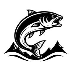 A sleek, cool icon of a fish jumping out of water for adventure brands.