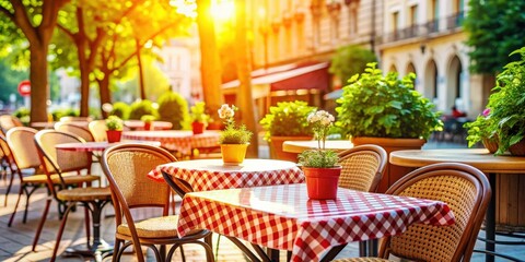 Fototapeta premium Served table at summer cafe , outdoor, restaurant, dining, food, drinks, beverages, plates, glasses, cutlery