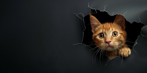 A cute ginger cat looking through a ripped hole in a black paper, banner with copy space.