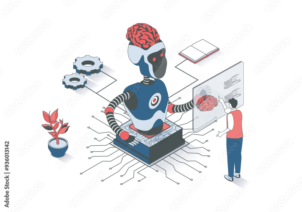 Poster Artificial intelligence 3d isometric concept with isometry people design for web. Man programming robot brain, using AI servers and virtual chatbot, developing robotic technology. Vector illustration.