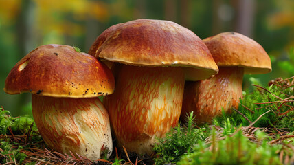boletus among moss in autumn forest, fall, mushrooms, trees, wood, nature, beauty, macro photo, plant, beauty, season, orange, brown, ecology, eco, background, wallpaper