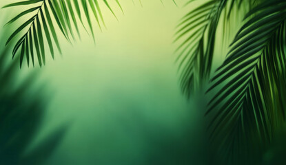 Green palm leaves on a blurry green background.