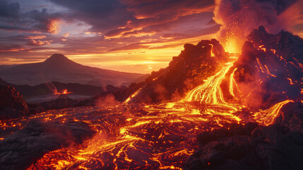 Majestic volcanic eruption at sunset with streams of flowing lava and billowing smoke. Concept of natural disaster, earth's geology, beautiful but dangerous landscapes, and volcanic activity