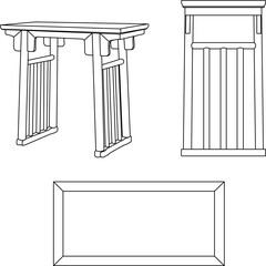 Vector sketch illustration of the silhouette of a furniture design, table, chair, cupboard, full of ornate ornaments, vintage classic ethnic traditional Chinese modern carvings