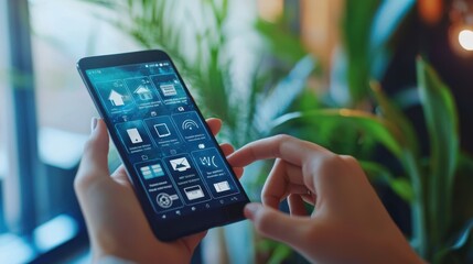 A person using a smart home dashboard on their smartphone to control various connected devices, from security cameras to climate control, representing the seamless integration of IoT technology in
