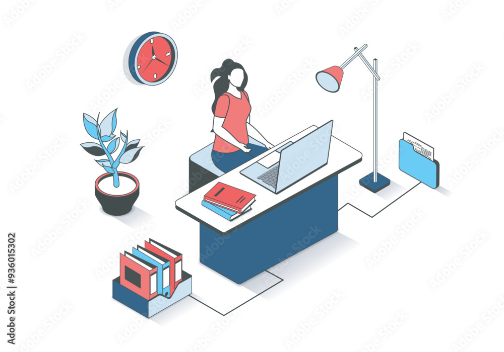Aufkleber business office 3d isometric concept with isometry people design for web. woman working at laptop wh